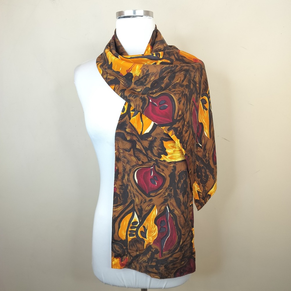 Echo Silk Scarf 60 x 10 Abstract Floral Leaf Boho Brown Yellow